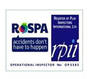 The image features two logos. The first logo includes a colourful circular design with the acronym 'ROSPA' and the phrase 'accidents don't have to happen.' The second logo displays 'rpii,' indicating it is associated with the Register of Play Inspectors International Ltd, along with the designation 'Operational Inspector.'