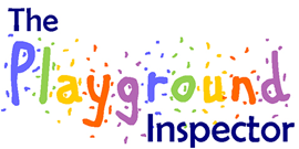 The image features the text 'The Playground Inspector' in a playful font, with vibrant, multicoloured confetti-like speckles surrounding the text, creating a cheerful and inviting atmosphere.